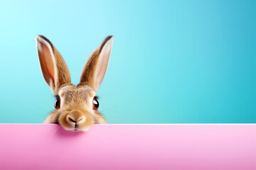 Fototapeta na wymiar A funny hare or rabbit on a pastel pink and blue background. Copy space for text.