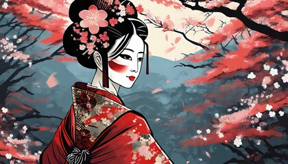 Illustration generated from generative AI of a traditional Japanese geisa.