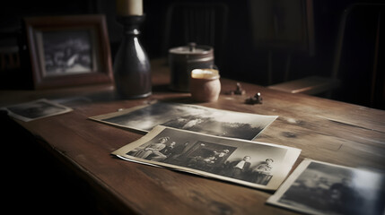 Timeless Memories: Vintage Photographs Spread on a Wooden Table Under the Warm Light of a Table LampAI generativ