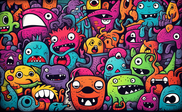 Colorful doodle crowd featuring cute aliens and monsters. Playful shapes, vibrant colors, and creative details to bring the aliens and monsters to life