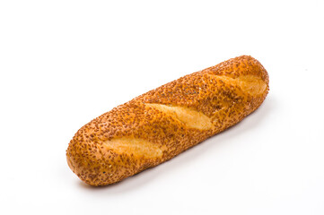 Close-up image of a sandwich baguette or sub roll with sesame seeds, isolated on white background