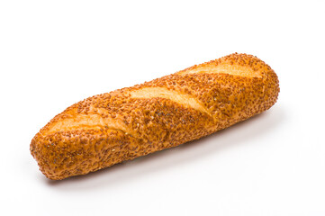 Close-up image of a sandwich baguette or sub roll sprinkled with sesame seeds, isolated on white background