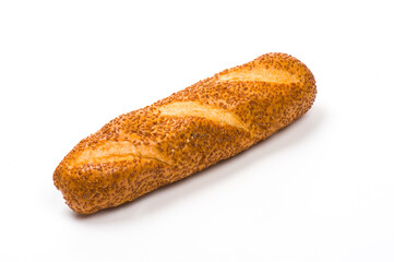 Close-up image of a sandwich baguette or sub roll with sesame seeds, isolated on white background