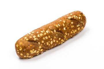 Close-up image of a sandwich baguette or sub roll sprinkled with oats, isolated on white background