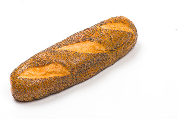 Close-up image of a sandwich baguette or sub roll sprinkled with poppy seeds, isolated on white background