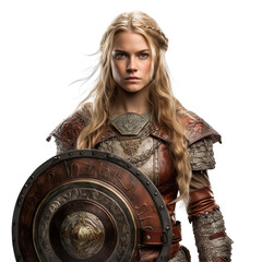 front view mid shot of a female Viking Shieldmaiden warrior isolated on a white transparent background 