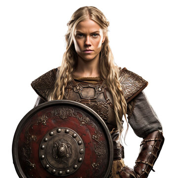 front view mid shot of a female Viking Shieldmaiden warrior isolated on a white transparent background 