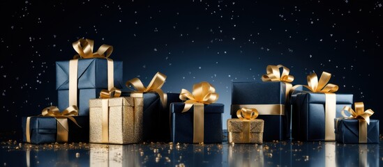 Navy blue Christmas gift box with golden bow ribbon decorations - obrazy, fototapety, plakaty
