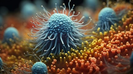 Naklejka na ściany i meble Nano microbe. Virus germ bacteria microorganism and antibody. Dangerous pathogen, microbiology.