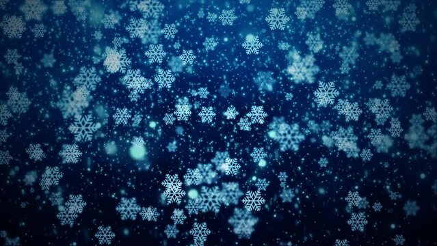 Christmas Winter Snowfall, Realistic snowflakes falling, Snow Storm, Falling Snow, Winter Scene, Christmas Background with Snowflakes Blue Background Loop 4k Animation