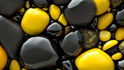Black and yellow small stones wallpaper shaped randomly and designed in an artistic way. AI Generated