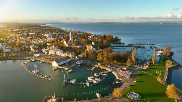 Aerial view of Romanshorn, a town along Lake Constance, Switzerland view at sunset