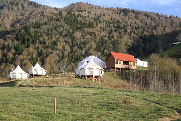 View of glamping tent on the nature in the beautiful countryside in the mountains in summer. White tent glamping camp. Luxury campsite.
