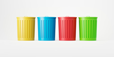 Set of four colored trash cans or containers isolated on a white background. Garbage sorting concept. 3d render