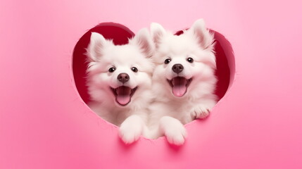 Two cute white puppies of pomeranian spitz dog peeking out from hole of heart shape isolated on pink background. Copy space - obrazy, fototapety, plakaty