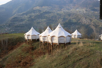 View of glamping tent on the nature in the mountains.