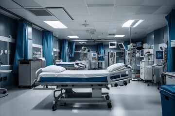 A hospital room with empty beds.