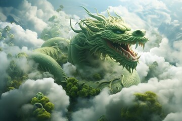 Fototapeta na wymiar Beautiful Green Chinese Dragon Soaring Majestically through Fluffy White Clouds in the Sky