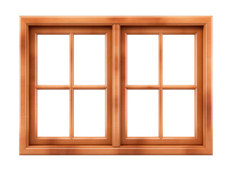 Rectangular, square wooden window. Window with a wooden brown frame. Isolated on a transparent background.