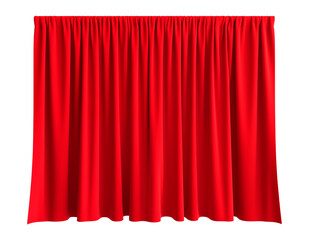 Long, wide, red curtains with folds. Isolated on a transparent background.