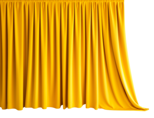 Long, wide, yellow curtains lying on the floor. Isolated on a transparent background.