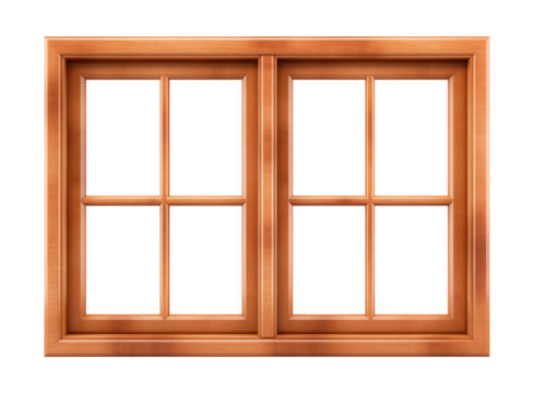 Rectangular, square wooden window. Window with a wooden brown frame. Isolated on a transparent background.