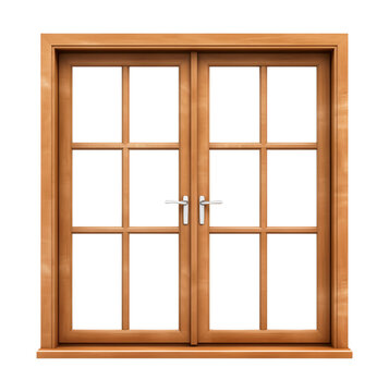 Rectangular, wooden window. Window with a wooden brown frame. Isolated on a transparent background.