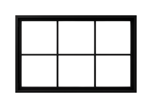 Large, rectangular, black window. Window with black frame. Isolated on a transparent background.