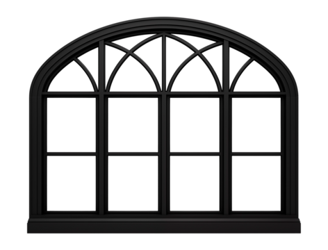 Large, wide semicircular arched black window. Isolated on a transparent background.
