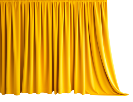 Long, wide, yellow curtains lying on the floor. Isolated on a transparent background.