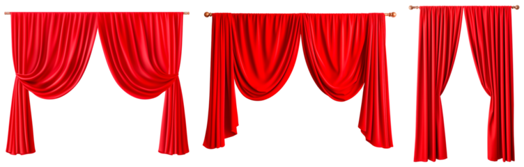 Set/collection of long, velvet, red curtains. Luxurious curtains for decorating a stage in a theater or cinema. Isolated on a transparent background.