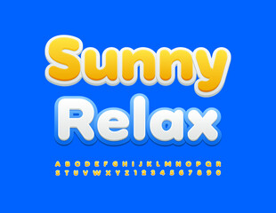Fototapeta premium Vector touristic Emblem Sunny Relax. White an Yellow modern Font. Bright Alphabet Letters and Numbers set