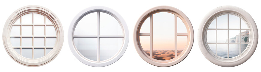 Set/collage of round white windows. White round window overlooking the desert and water. Isolated on a transparent background. - obrazy, fototapety, plakaty