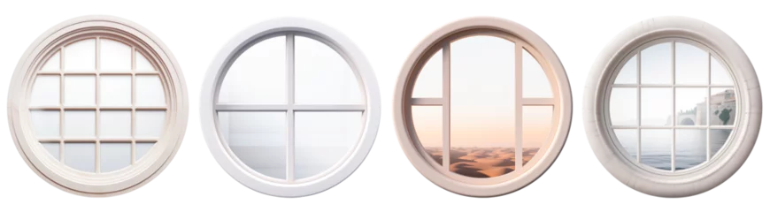 Fotobehang Set/collage of round white windows. White round window overlooking the desert and water. Isolated on a transparent background. © Honey Bear