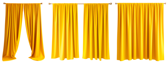 Set/collection of long, yellow pleated curtains. Curtains in two parts. Isolated on a transparent background.