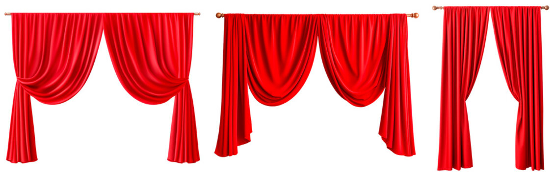 Set/collection of long, velvet, red curtains. Luxurious curtains for decorating a stage in a theater or cinema. Isolated on a transparent background.