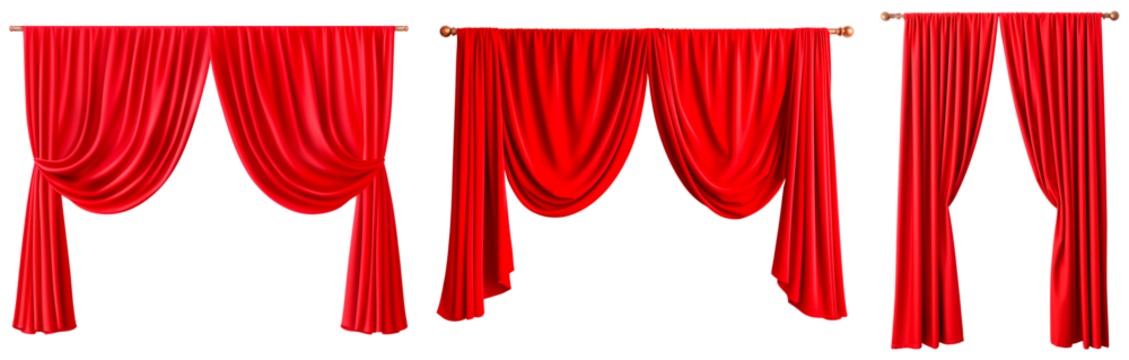 Set/collection of long, velvet, red curtains. Luxurious curtains for decorating a stage in a theater or cinema. Isolated on a transparent background.