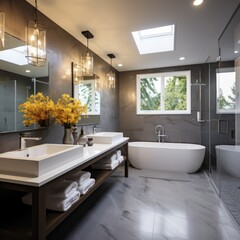 Interior of a modern bathroom with white bathtub and gray tiles.Interior of modern bathroom with gray walls, tiled floor, comfortable white bathtub and round mirrors above it.  