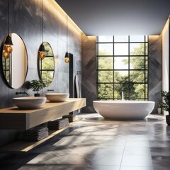 Luxury bathroom interior with a concrete floor, a white bathtub and a mirror. mock up.