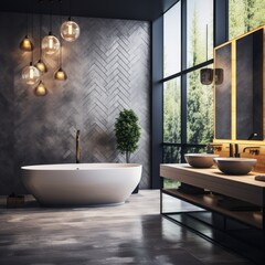Interior of modern bathroom with black and wooden walls, concrete floor, comfortable white bathtub and double sink standing near the window.  