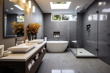 Fototapeta na wymiar Bathroom interior in modern style. Bathroom with black marble tiles.