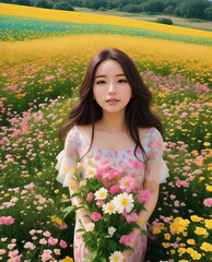 Naklejka premium a vibrant flower field, a woman's presence blossoms like the delicate petals that surround her, her beauty as captivating as the fragrance that fills the air