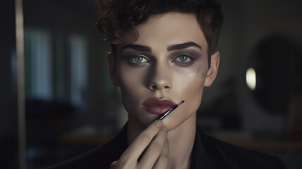 Portrait of young gender fluid non binary person applying make up. Beauty and cosmetics background