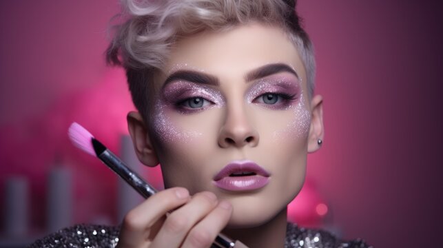 Portrait of young gender fluid non binary person applying make up. Beauty and cosmetics background