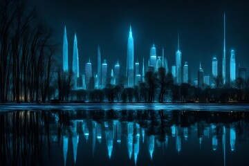 Bioluminescent city skyline reflecting on water 