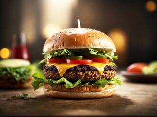 Deliciosa hamburguesa vegana en primer plano, ideal para anuncios y banners - obrazy, fototapety, plakaty