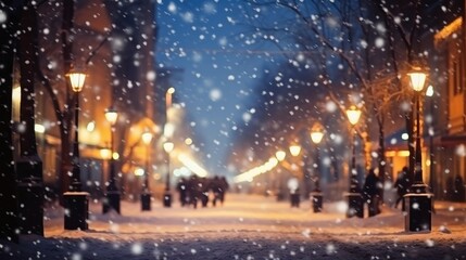 Fototapeta na wymiar Beautiful blurred street of festive night or evening city with snowfall and Christmas lights