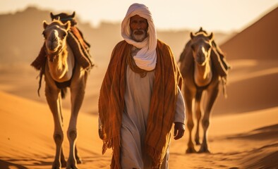 A man leads camels through the desert. Man in traditional clothes on desert sand