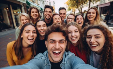 group of friends taking selfie picture smiling at camera 