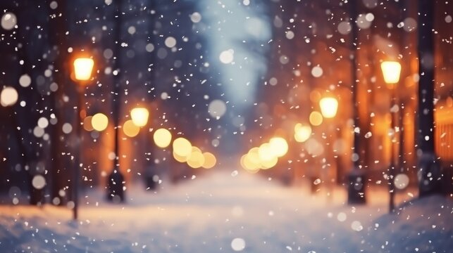 Beautiful blurred street of festive night or evening city with snowfall and Christmas lights © Denis